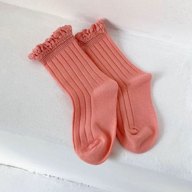 ruffle lace socks | coral